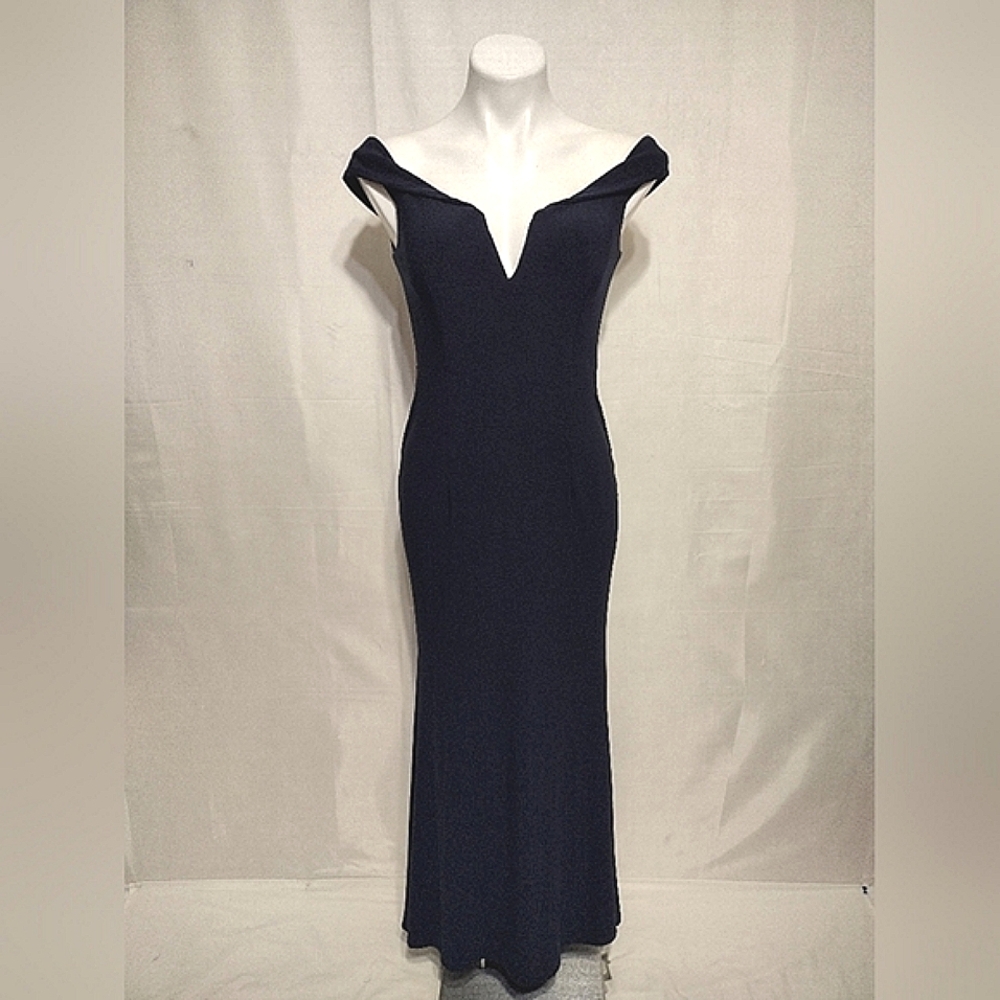 Xscape Navy Blue Off Shoulder Formal Evening Gown Dress Prom Wedding Size 4